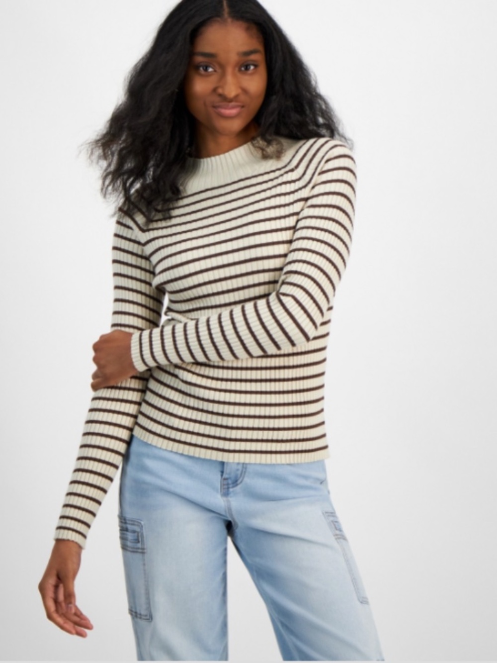 Hooked up by Iot Juniors'  Gauge Mock-Neck Striped Sweater - Oatmeal SIZE L NWT